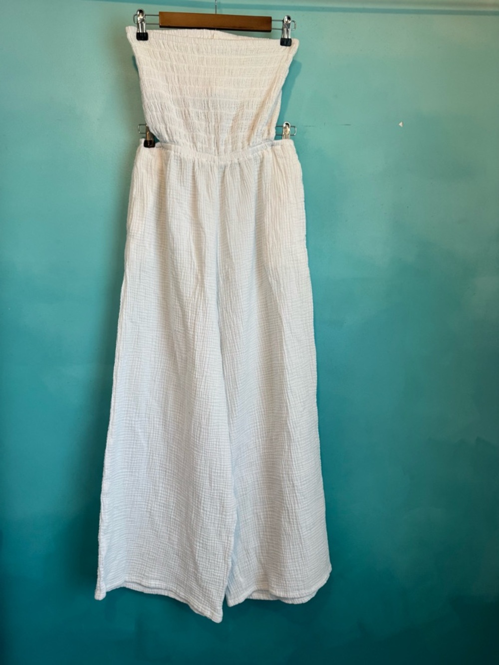 aerie White Strapless Smocked Wide-Leg Jumpsuit